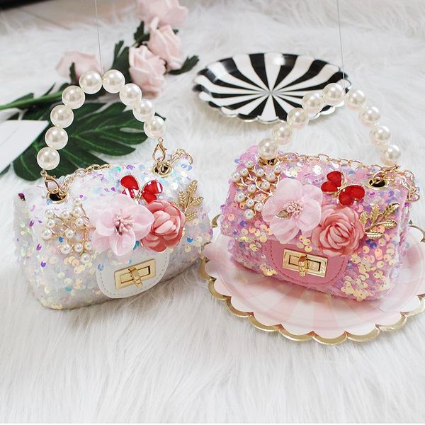 

children's mini handbags tote cute girls princess messenger bag little girl small coin wallet pouch kids party pearl purse, White