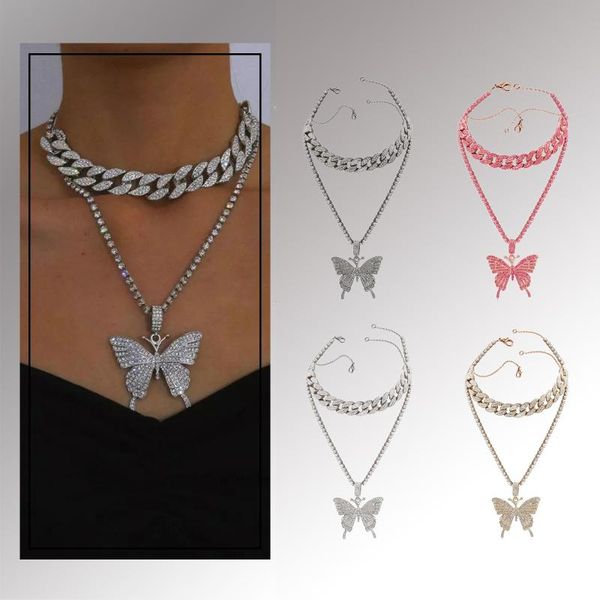 

chains iced out butterfly necklace set cuban link chain choker gifts for women bling hip hop pendant jewelry, Silver