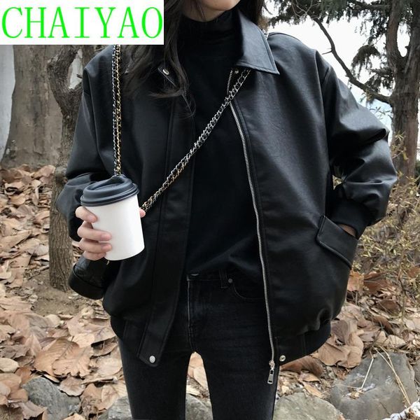

women's jackets spring coat women faux leather jacket biker red white turndown collar pu motorcycle loose streetwear outerwear, Black;brown
