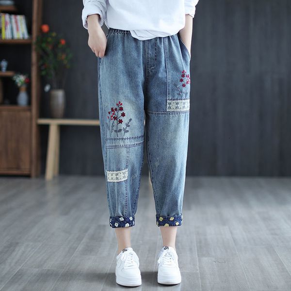

women's jeans high waist vintage clothes for women elastic embroidery denim pants casual ankle length harem trousers plus size h6b, Blue