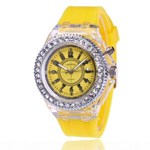 

geneva luminous seven color crystal led watch men's and women's-style couple's silicone shining wristwatches, Slivery;brown