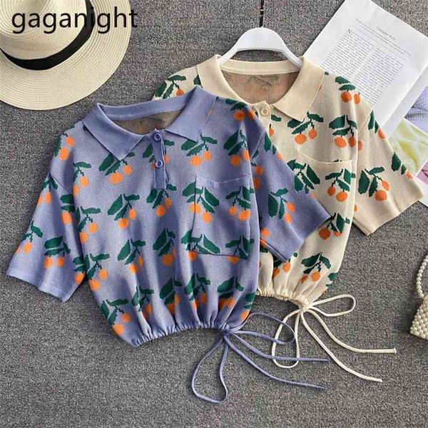 

summer korean women knitted t-shirt fashion short sleeve turn-down collar drawstring bottom floral print students 210601, White