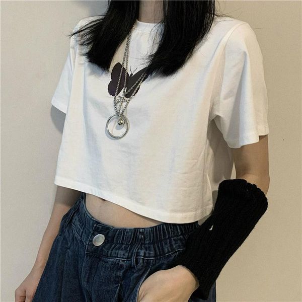 

women's t-shirt women short sleeve loose butterfly print o-neck summer vintage korean style crop fashion simple all-match student, White