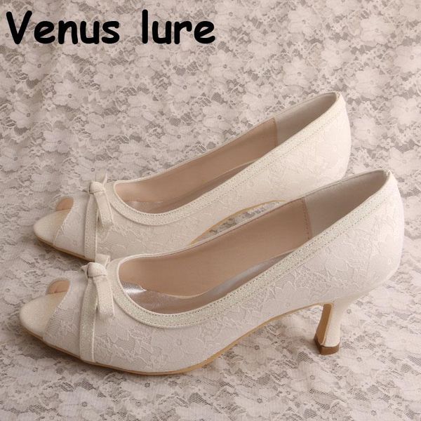 

dress shoes ivory lace peep toe heels for women brides wedding mid heel bow pumps, Black