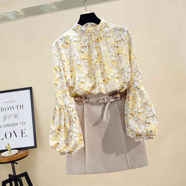 

suits lantern shirt floral chiffon blouse stand collar long sleeve shirts blouses fashion clothing, White;black
