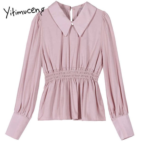 

yitimuceng folds blouse women shirts slim solid spring fashion korean long sleeve turn-down collar clothes office lady 210601, White
