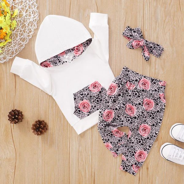 

girls 0-24m baby girl hooded set long sleeve floral pocket + pants 2pcs spring autumn outfit clothing sets, White