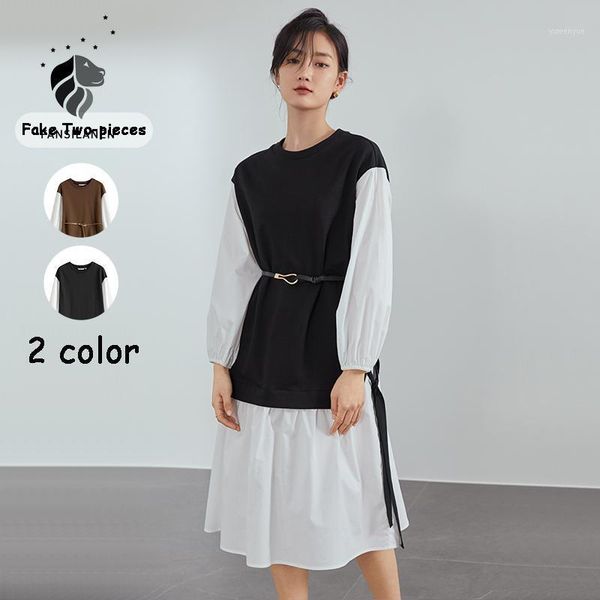 

casual dresses fansilanen fake two piece spring midi dress women patchwork black shirt female belt bandage loose elegant, Black;gray