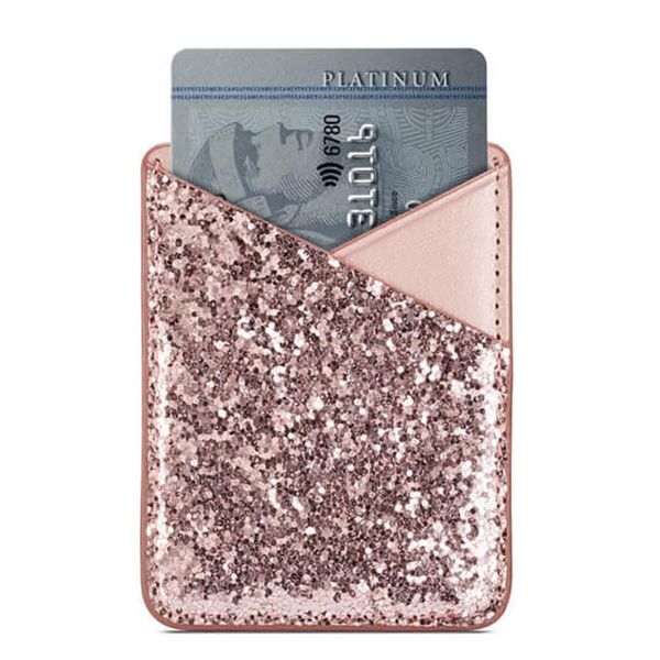 

card holders practical business purse self-adhesive ultra slim wallet stick on phone holder sequin decoration credit pocket fashion mini, Brown;gray