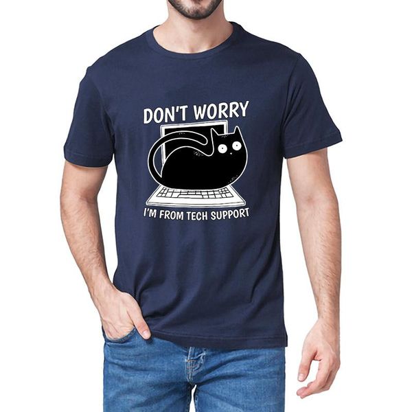 

men's t-shirts don't worry i'm from tech support technical cat on computer 100% cotton short sleeves t-shirt humor gift, White;black