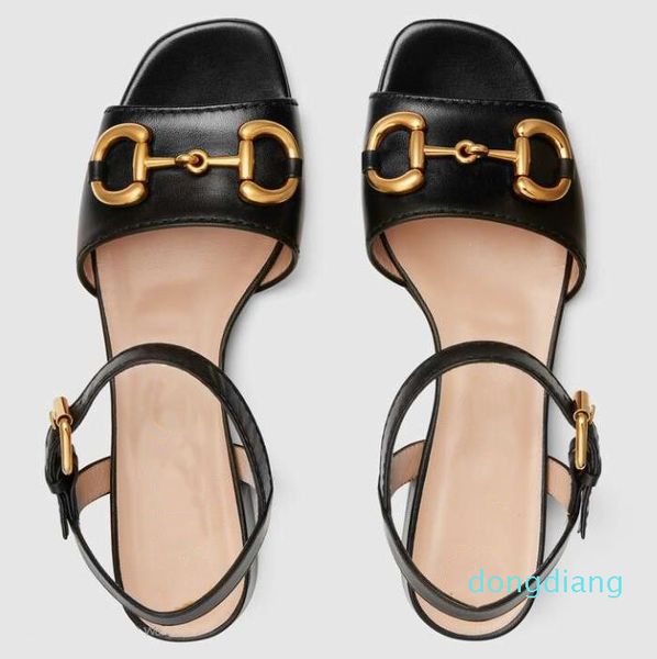 

slippers sandals luxury-women leather horsebit sandal open-toed lady ankle strap buckle low heel rubber sole, Black