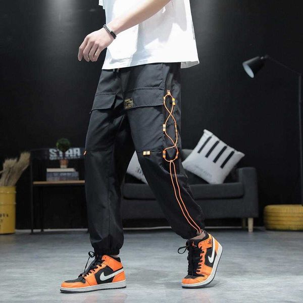 

men's pants cargo joggers men black harem multi-pocket ribbons man sweatpants streetwear casual male trouser t9xn 7e06