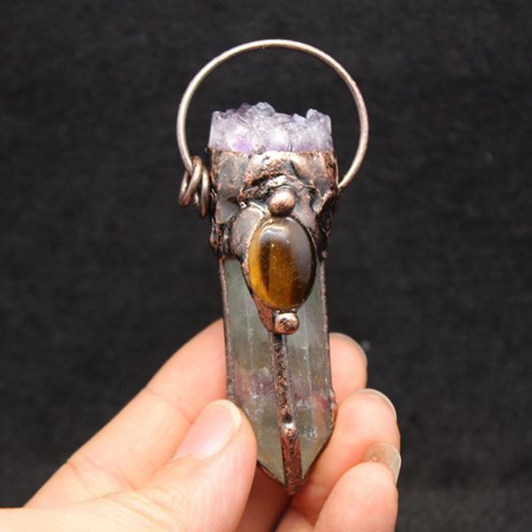 

pendant necklaces natural quartz necklace antique bronze big hexagonal tiger eye green fluorites cluster amethysts purple crystal, Silver