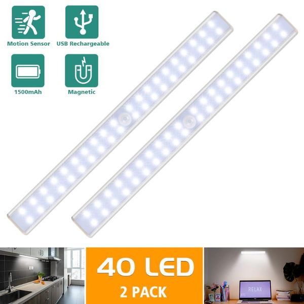 

2pcs 40 leds usb pir led motion sensor light under cabinet night for closet stairs bedroom lighting wall lamp with battery