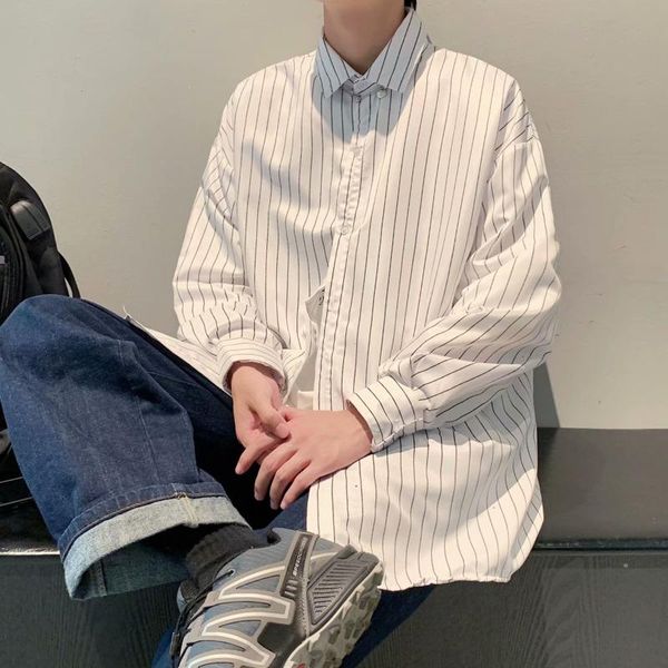 

men's casual shirts spring summer striped fashion business society mens dress korean loose long-sleeved men, White;black