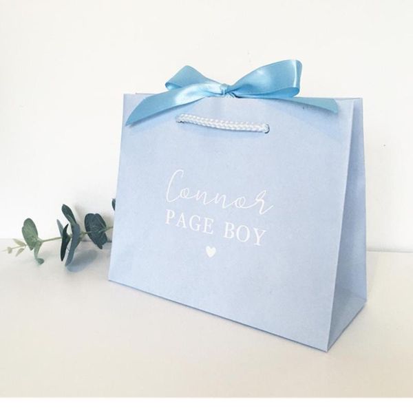 

gift wrap personalised blue bag with ribbon. bridesmaid bag. flower girl cutom bridal party, baby boy, wedding