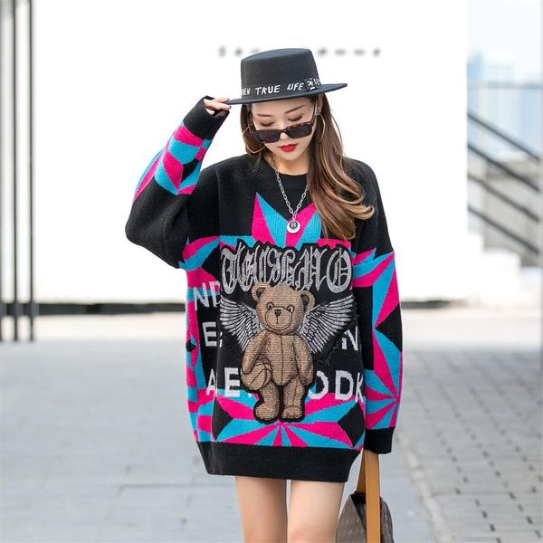 

women's sweaters tide street autumn winter warm sweet bear pullover knitwear women fashion chic beaded o-neck long sleeve mujer loose s, White;black