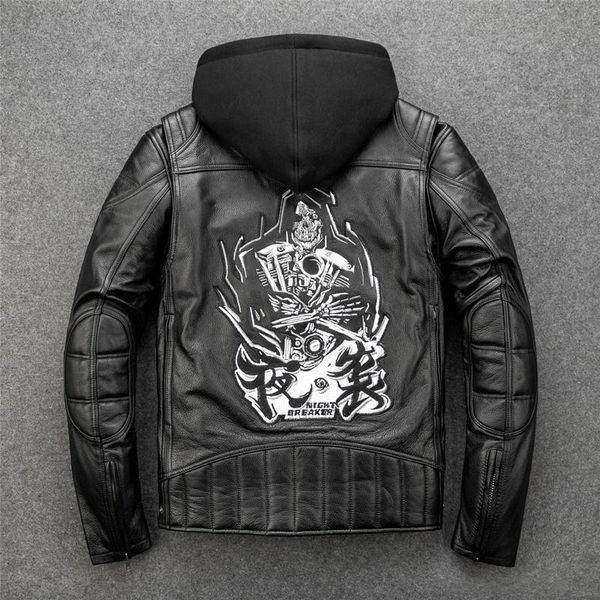 

men's leather & faux genuine jacket cowhide thick bull hide embroidery motorcycle motor bicycle clothing, Black