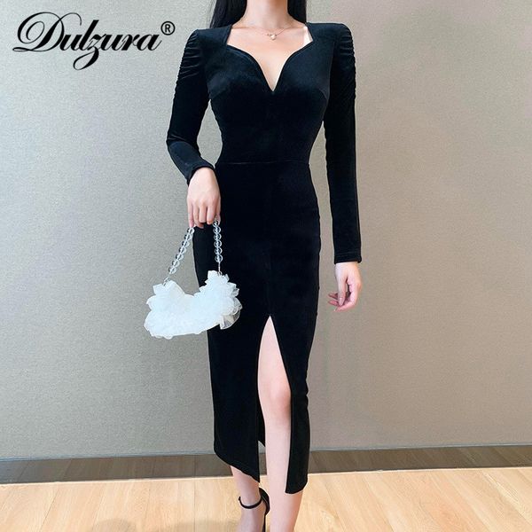 

dulzura velvet women midi dress slit v neck long sleeve bodycon streetwear 2021 autumn fall club party elegant solid black, Black;white
