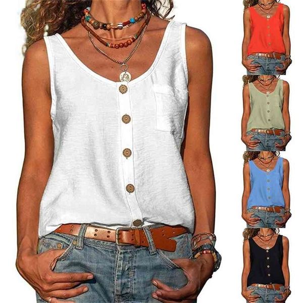 

summer solid color v-neck vest button sleeveless pocket tank office lady t-shirt off shoulder simple blouse 210705, White