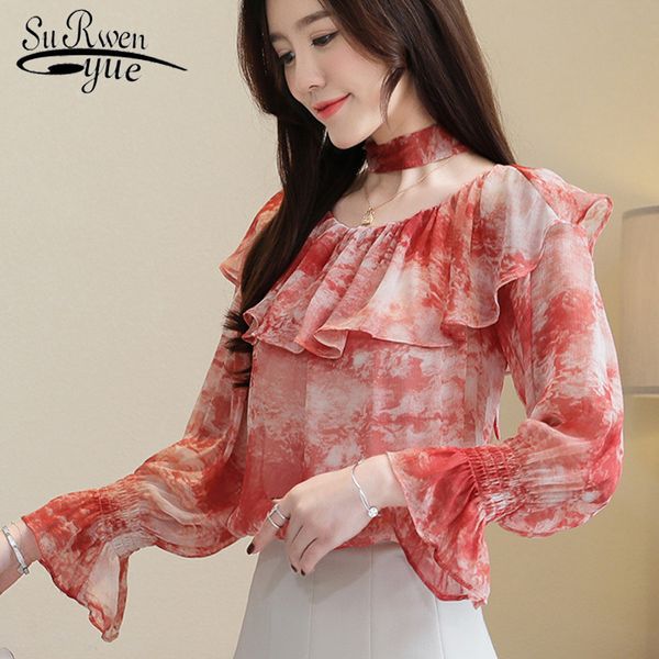

can be wear back and forth women long sleeve chiffon shirts elegant lotus leaf print autumn fashion off shoulder 6567 50 210508, White