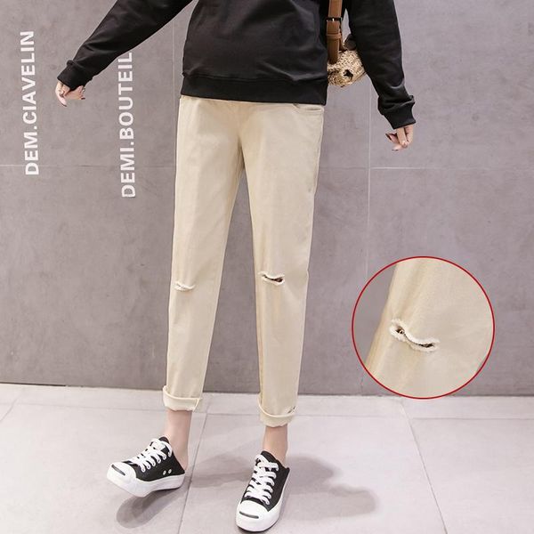 

ripped maternity pants quarter belly casual straight clothes for pregnant women pregnancy trousers 2021 summer loose bottoms, White