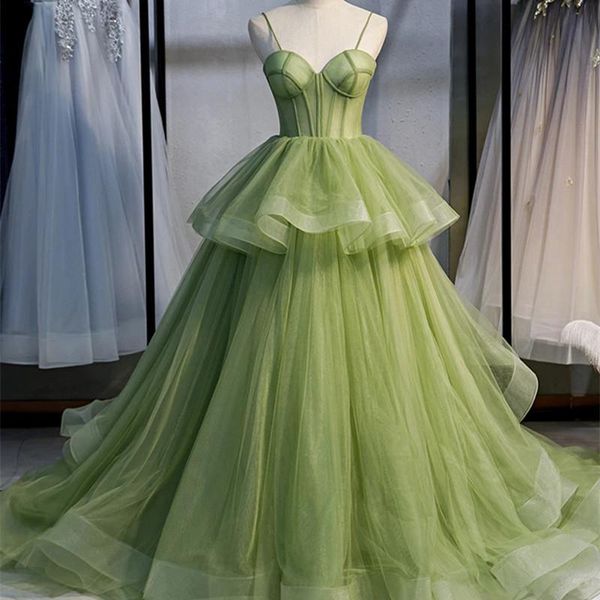 

party dresses elegant prom gownsspaghetti straps a-line tulle tiered ruffle evening back lace-up custom made formal gowns, White;black