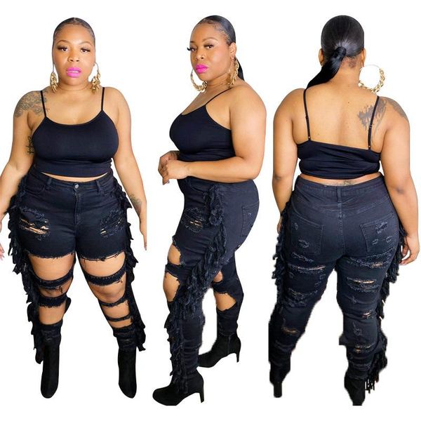 

women's jeans plus size xl-5xl women streetwear ripped dress high waist hollow out skinny side tassels pencil denim pants 2021 autumn, Blue