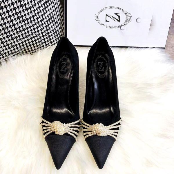 

dress shoes luxury designers brand women pumps black satin pearls pointy toe high heels vintage party big size 41