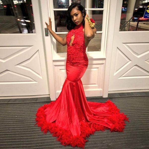 

halter neck lace mermaid evening dresses 2021 with appliques sweep train backless satin plus size formal prom party gowns, Black;red