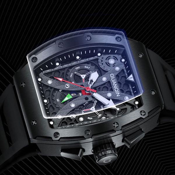 

wristwatches skeleton watch guanqin luxury men automatic movement sapphire waterproof stainless steel rectangle case black rubber band, Slivery;brown
