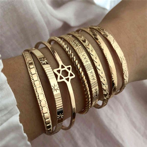 

vintage hexagon star charms bangle bracelet set for women gold color multi-layered fashion boho carved open bracelets jewelry, Golden;silver