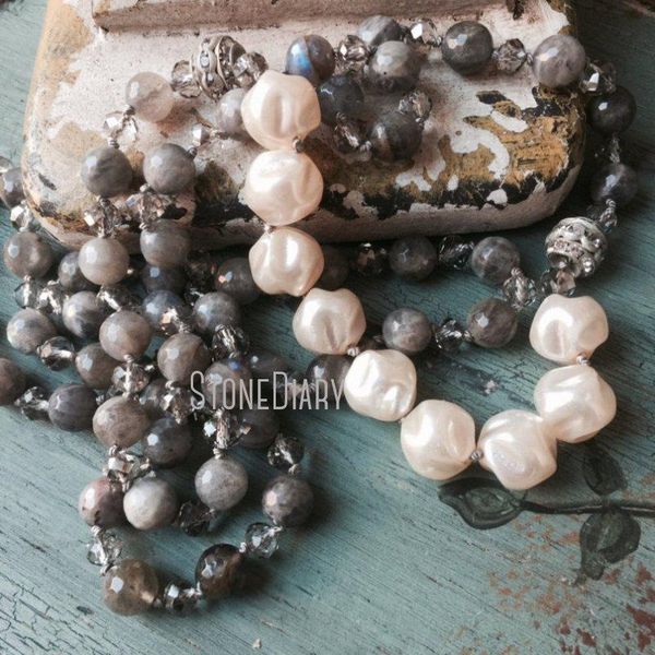 

pendant necklaces nm15573 shabby boho glam labradorite glass pearl hand knotted versatile necklace sari tassel jewelry gift, Silver