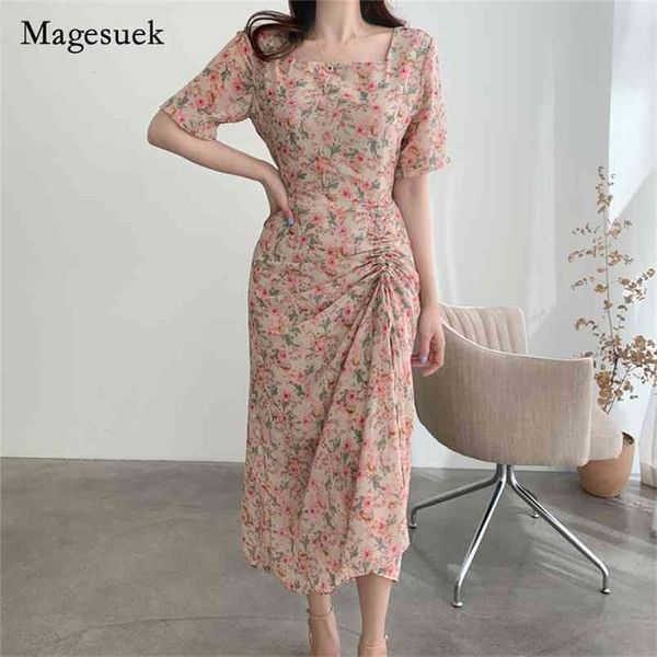 

elegant square collar floral dress women summer chic plus size print pleated waist thin party es vestidos 14536 210512, Black;gray