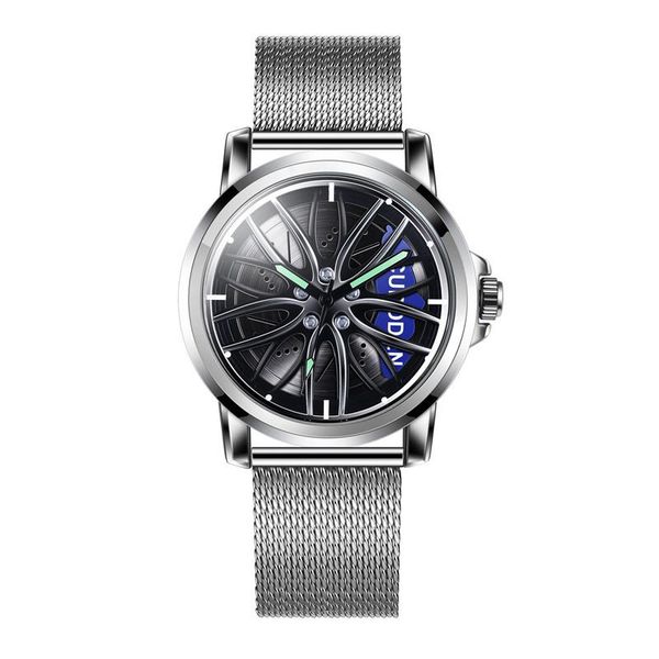 

wristwatches 2021 quartz watch men cool car wheel rim design mesh belt hip hop men's watches male clock relogio masculino drop, Slivery;brown