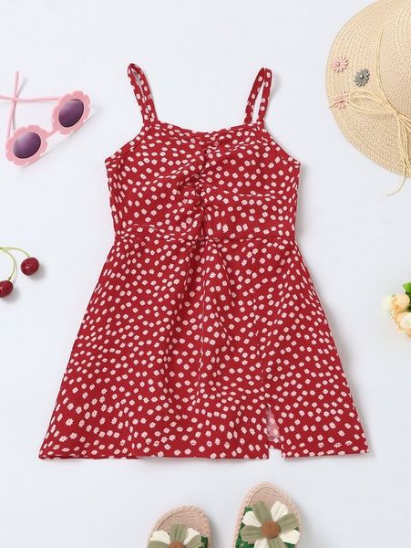 

little girl's floral ruffle hem split suspender dress she, Red;yellow