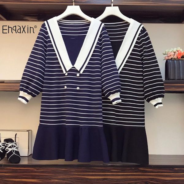 

plus size dresses ehqaxin womens knitted autumn winter fashion v-neck striped sweater ruffled stitching pullover dress l-4xl, Black