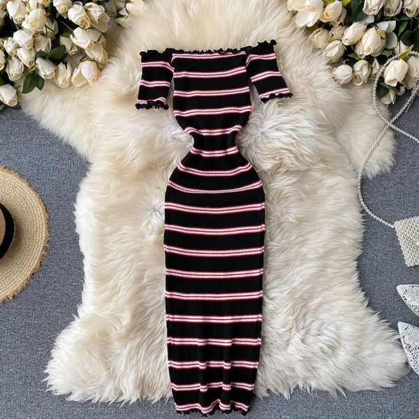 

sweet fungus slash neck off shoulder striped knitted dress women high elastic slim waist wrap hip fashion retro vestidos wild 210429, Black;gray