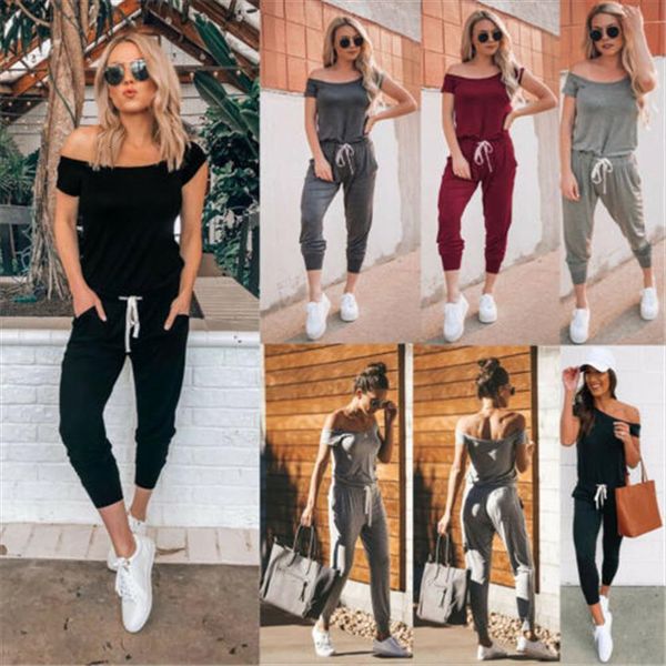 

fashion casual summer womens rompers off shoulder short sleeve solid bodycon trousers party clothing, Black;white