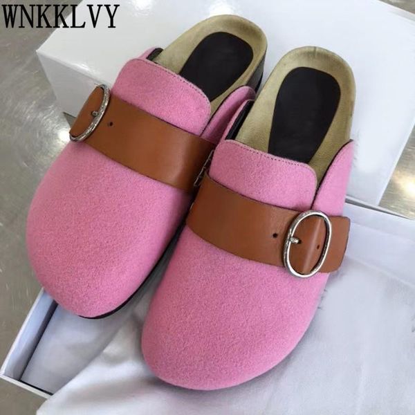 

pink flat closed toe slippers women mules suede belt buckle lazy loafers thick sole casual sandals female comfort vacation shoes, Black