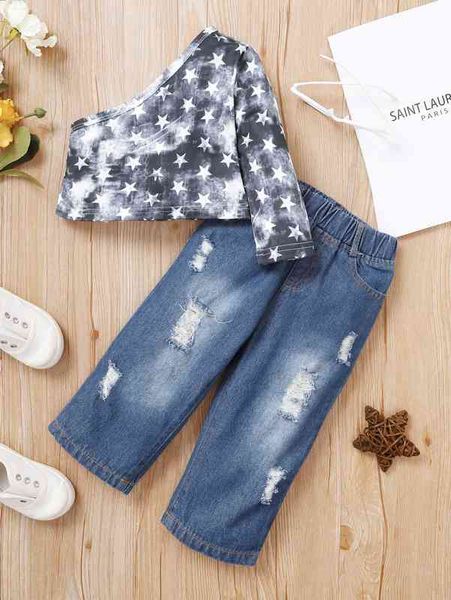 

baby tie dye star print one shoulder & ripped jeans she, Blue