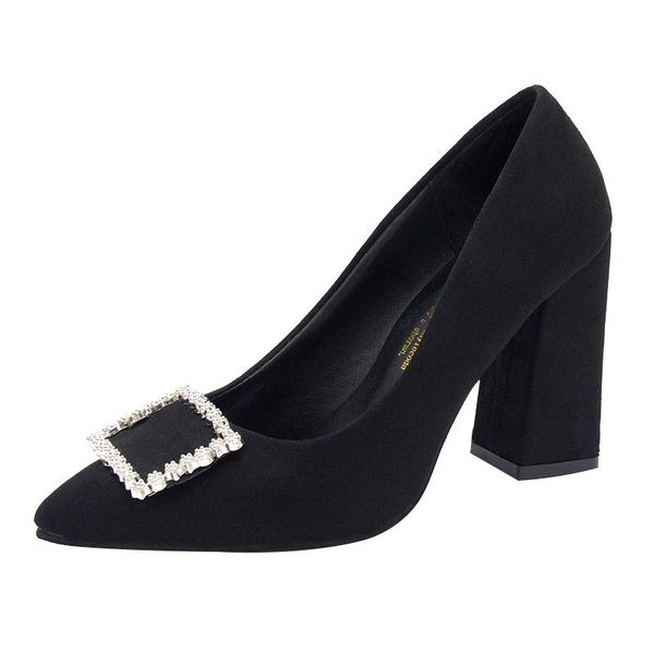 

dress shoes thick heel women 2021 wild mid-heel rhinestone pointed work suede professional black high heels