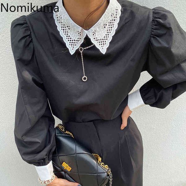

nomikuma vintage turn-down collar blouse shirt korean back single breasted women spring puff sleeve blouse new 6e362 210427, White