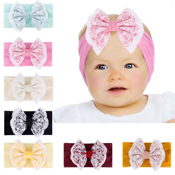 

infant baby nylon headband kids lace bowknot elastic hair band children soft headwear hairband 7 colors, Slivery;white