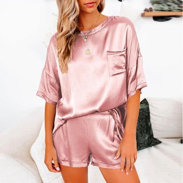 

men's sleepwear women's solid color imitation silk pajamas home service short-sleeved shorts irregular 2-piece suit, Black;brown