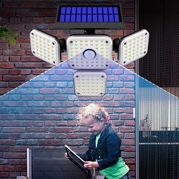 

solar lamps 144 led lights 4 heads 270 wide angle illumination outdoor wall waterproof patio fence lamp with 3 modes