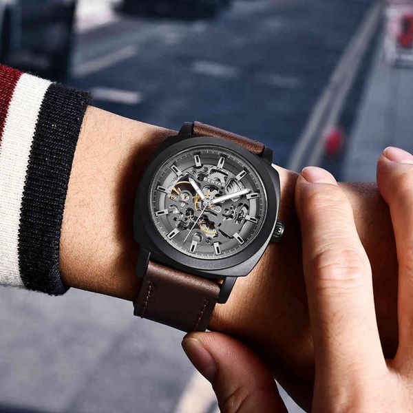

benyar heren horloges brand luxe automatische mechanische horloge mannen waterdichte sport relogio masculino, Slivery;brown