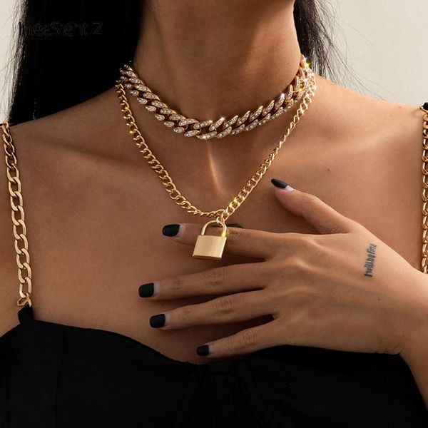 

ingesight.z goth gothic lock padlock pendant necklace multi layered rhinestone crystal miami curb cuban choker necklaces jewelry chains, Silver