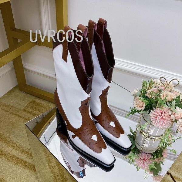 

boots woman mid calf winter retro splicing genuine leather western cowboy square toe slip-on casual designer shoes botas, Black