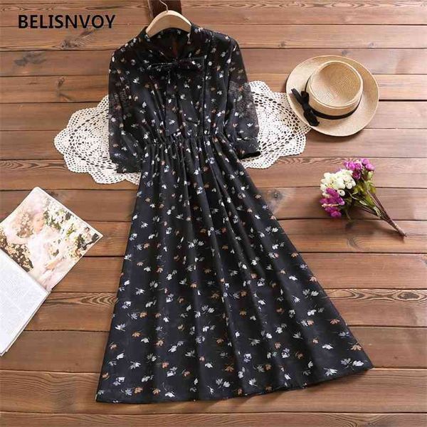 

chiffon floral printed women dress bow high waist elegant chic female retro vestidos elastic a-line summer midi 210520, Black;gray